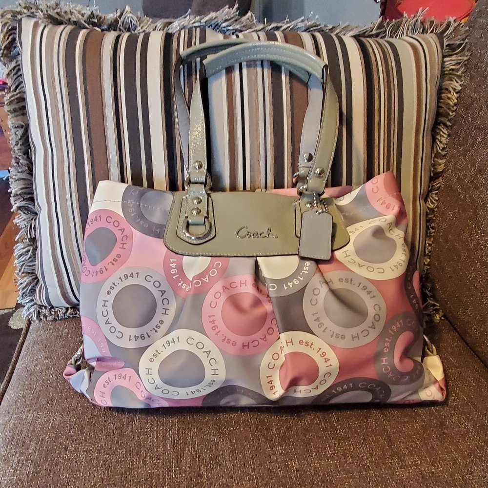 Coach Pink Gray Circle Print Satchel